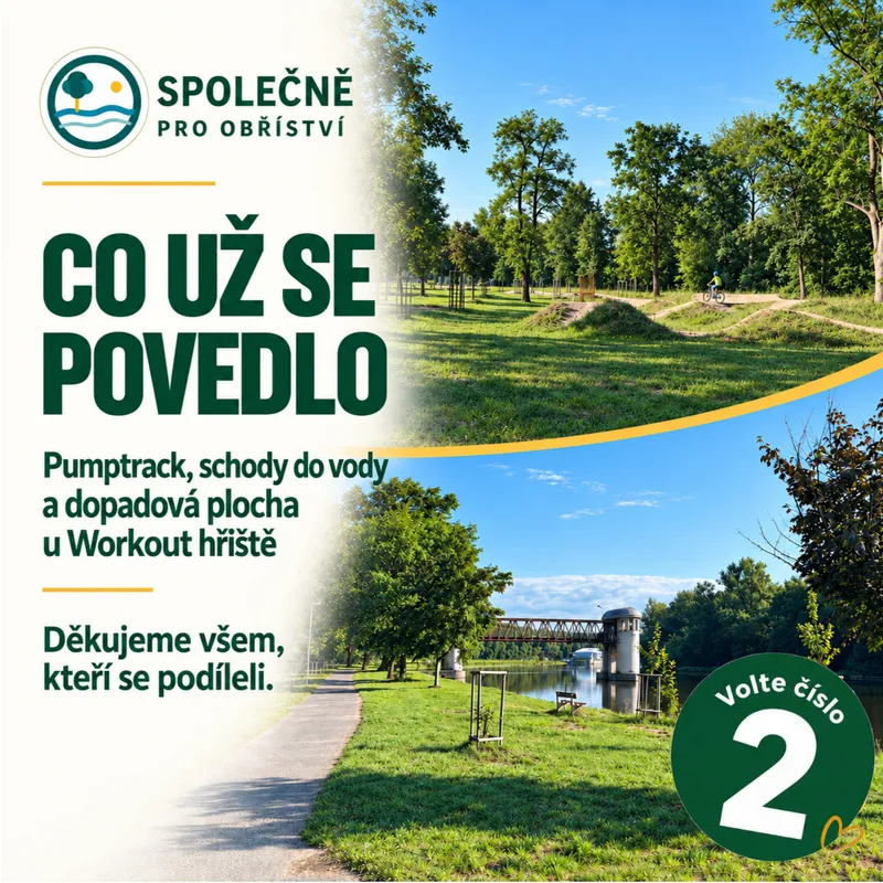 Co už se povedlo: pumptrack, schody do vody a dopadová plocha u workoutového hřiště. Grafika Společně pro Obříství s číslem 2.