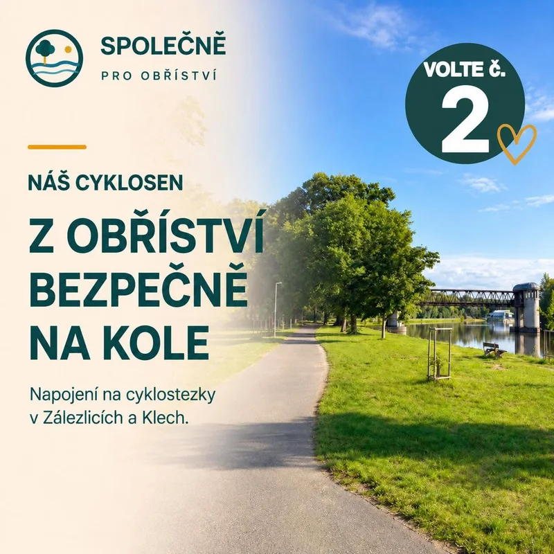 Náš cyklosen: Z Obříství bezpečně na kole. Grafika s cestou podél Labe a napojením na cyklostezky v Zálezlicích a Klech. Volte č. 2.