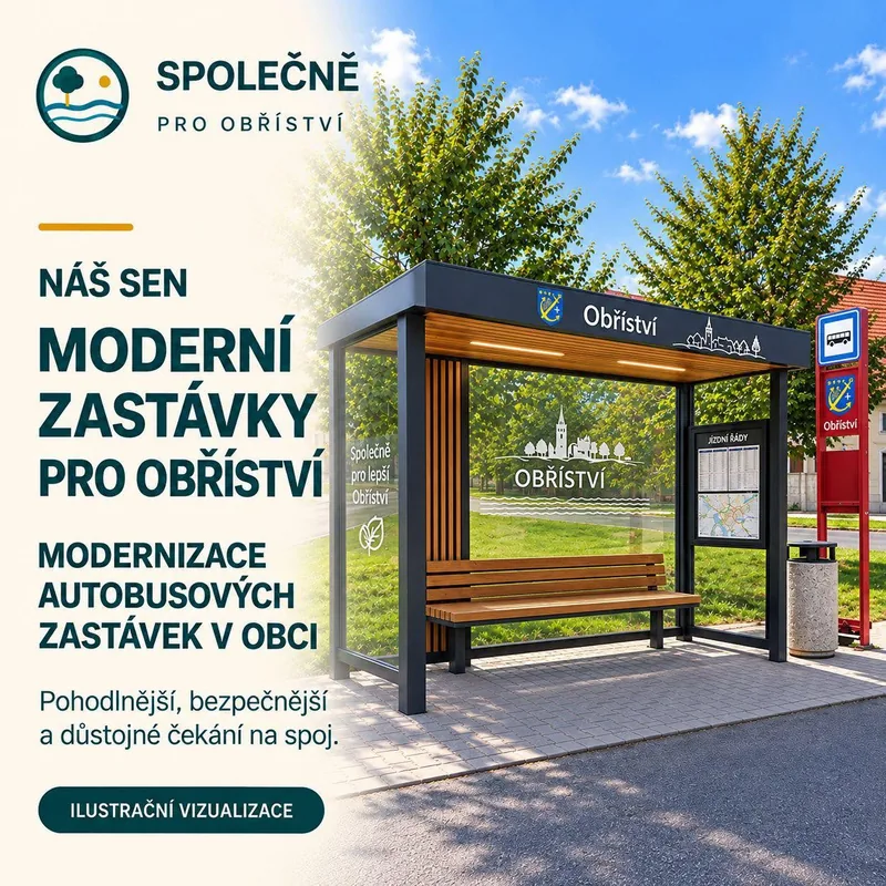 Náš sen: Moderní zastávky pro Obříství. Ilustrační vizualizace modernizované autobusové zastávky pro pohodlnější, bezpečnější a důstojnější čekání na spoj.